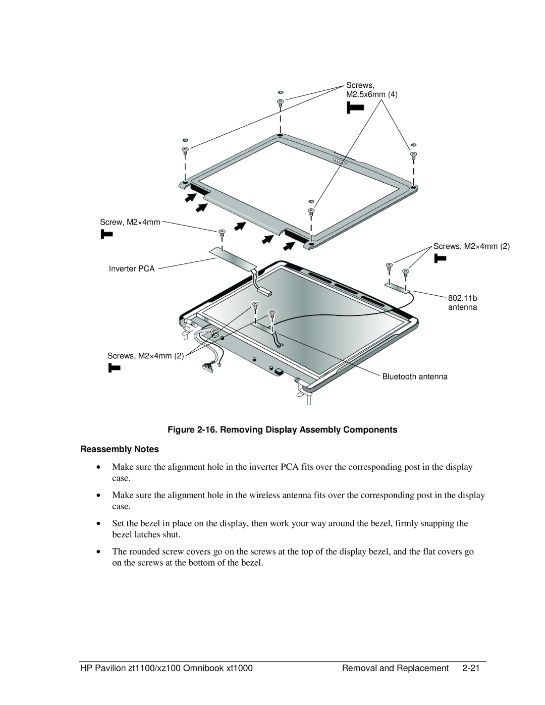 HP ZT1100 manual Removing Display Assembly Components Reassembly Notes 