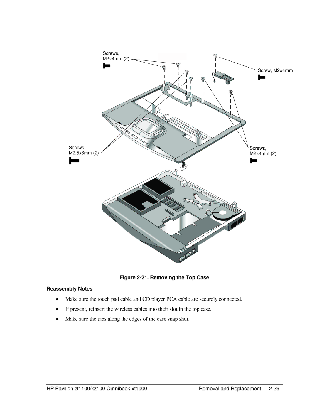 HP ZT1100 manual Removing the Top Case Reassembly Notes 