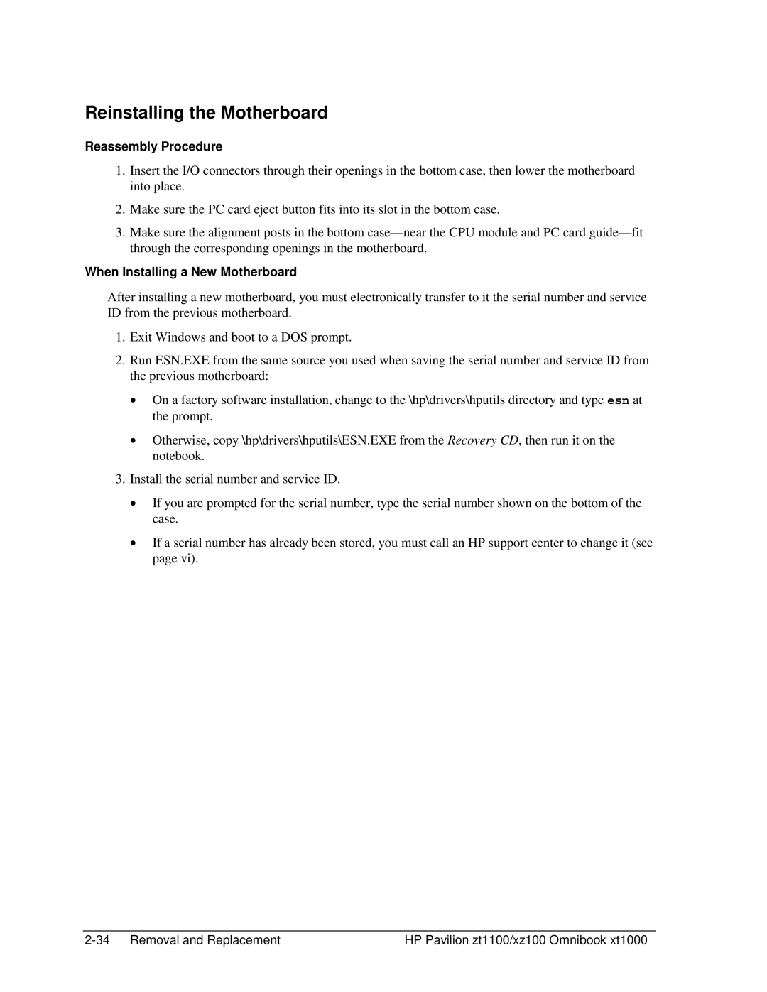 HP ZT1100 manual Reinstalling the Motherboard 