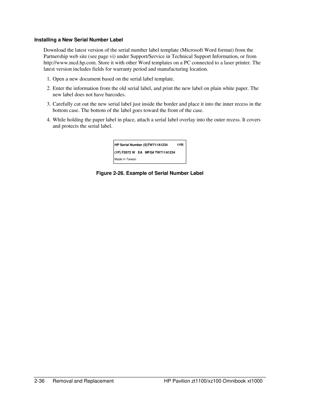 HP ZT1100 manual Installing a New Serial Number Label, Example of Serial Number Label 