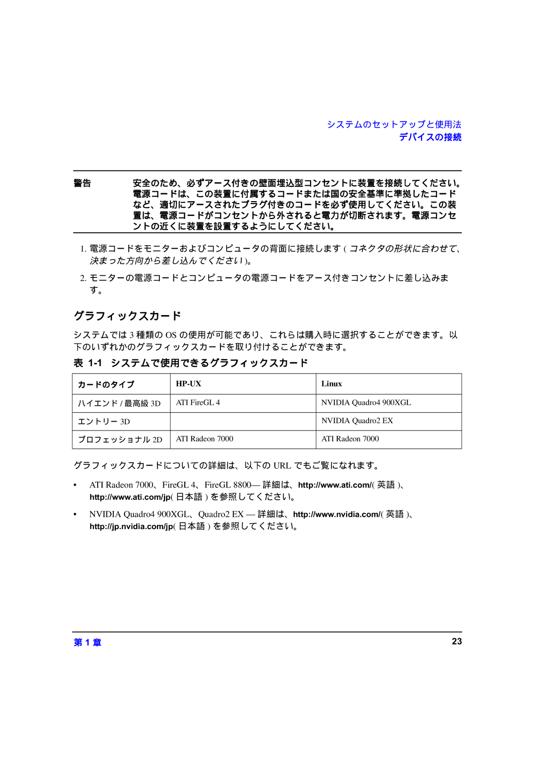 HP zx6000 A7857-90023 manual システムで使用できるグラフィックスカード, カードのタイプ 