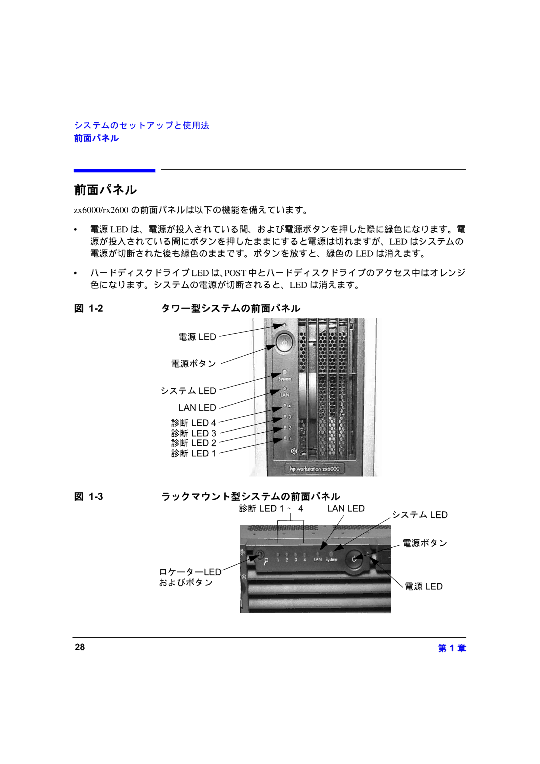 HP zx6000 A7857-90023 manual タワー型システムの前面パネル, ラックマウント型システムの前面パネル 