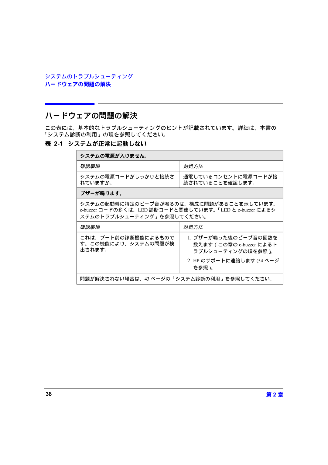 HP zx6000 A7857-90023 manual ハードウェアの問題の解決, システムが正常に起動しない, システムの電源が入りません。, ブザーが鳴ります。 