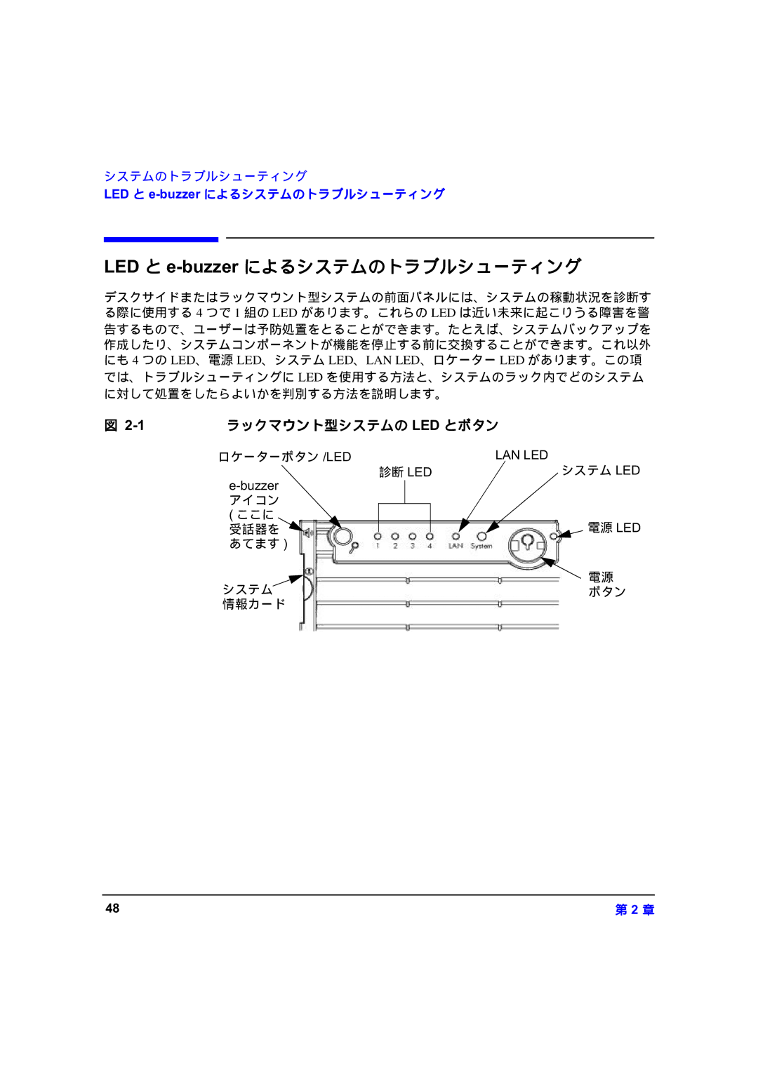 HP zx6000 A7857-90023 manual 97 と によるシステムのトラブルシューティング, ラックマウント型システムの 97 とボタン 