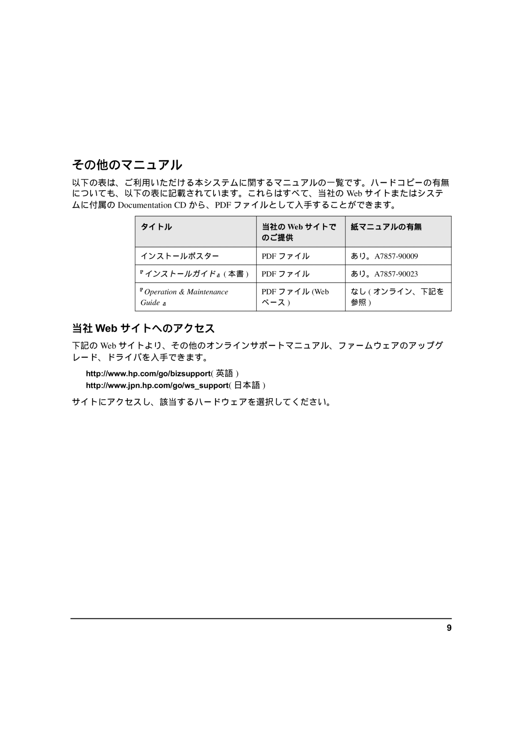 HP zx6000 A7857-90023 manual その他のマニュアル, 当社 ! サイトへのアクセス, タイトル 当社の Web サイトで 紙マニュアルの有無 のご提供 