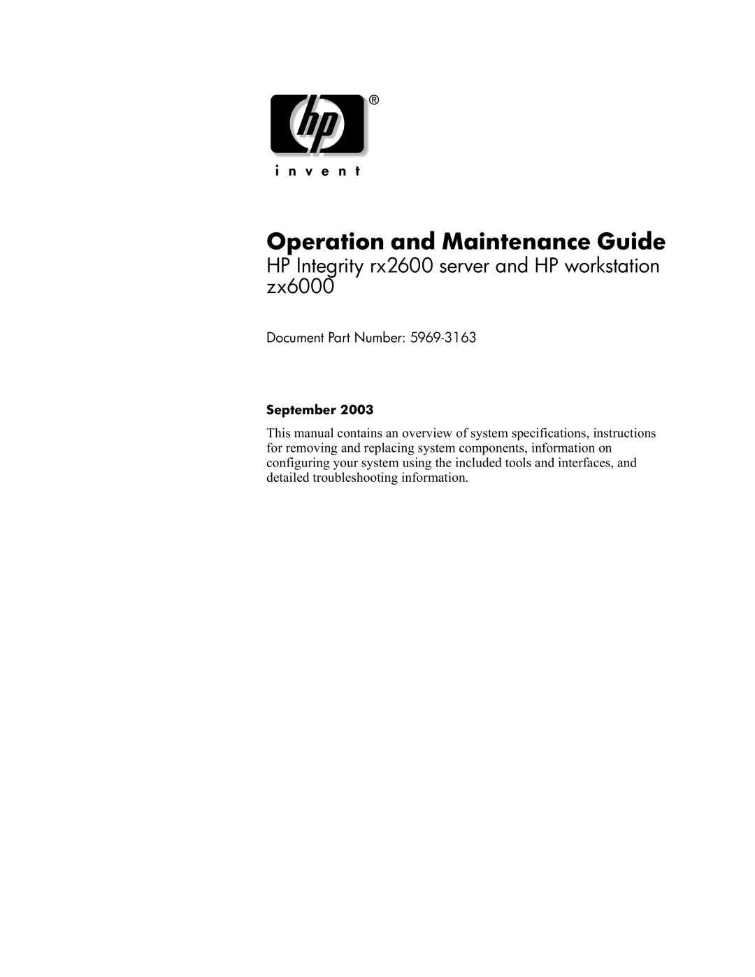 HP zx6000 manual Document Part Number, September 