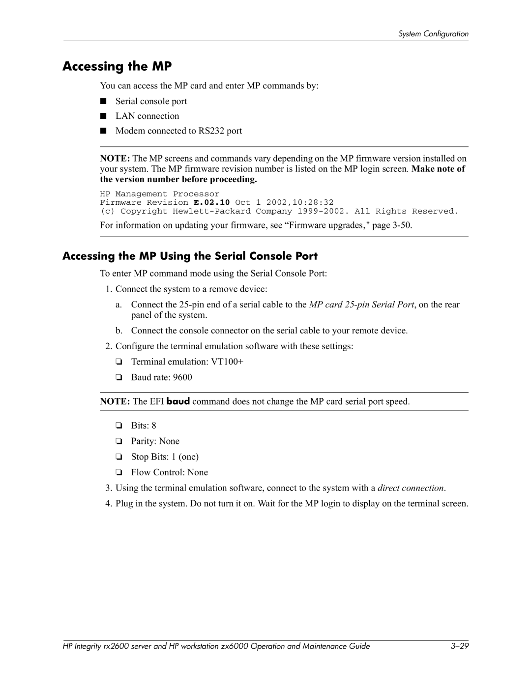 HP zx6000 manual Accessing the MP Using the Serial Console Port, Eia=, EI? EI9CD 