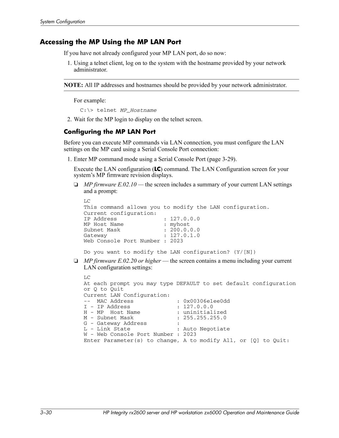 HP zx6000 manual Accessing the MP Using the MP LAN Port, +% $.,I, Configuring the MP LAN Port, # Cad 