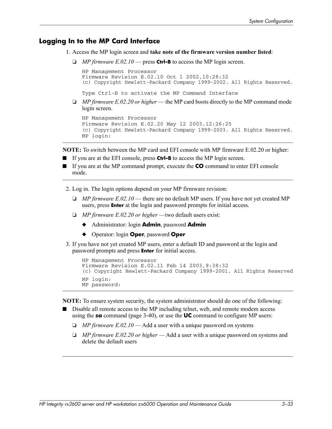 HP zx6000 manual Logging In to the MP Card Interface, #U5I IAdminAdmin 8IOperOper, #UCtrl-B% 