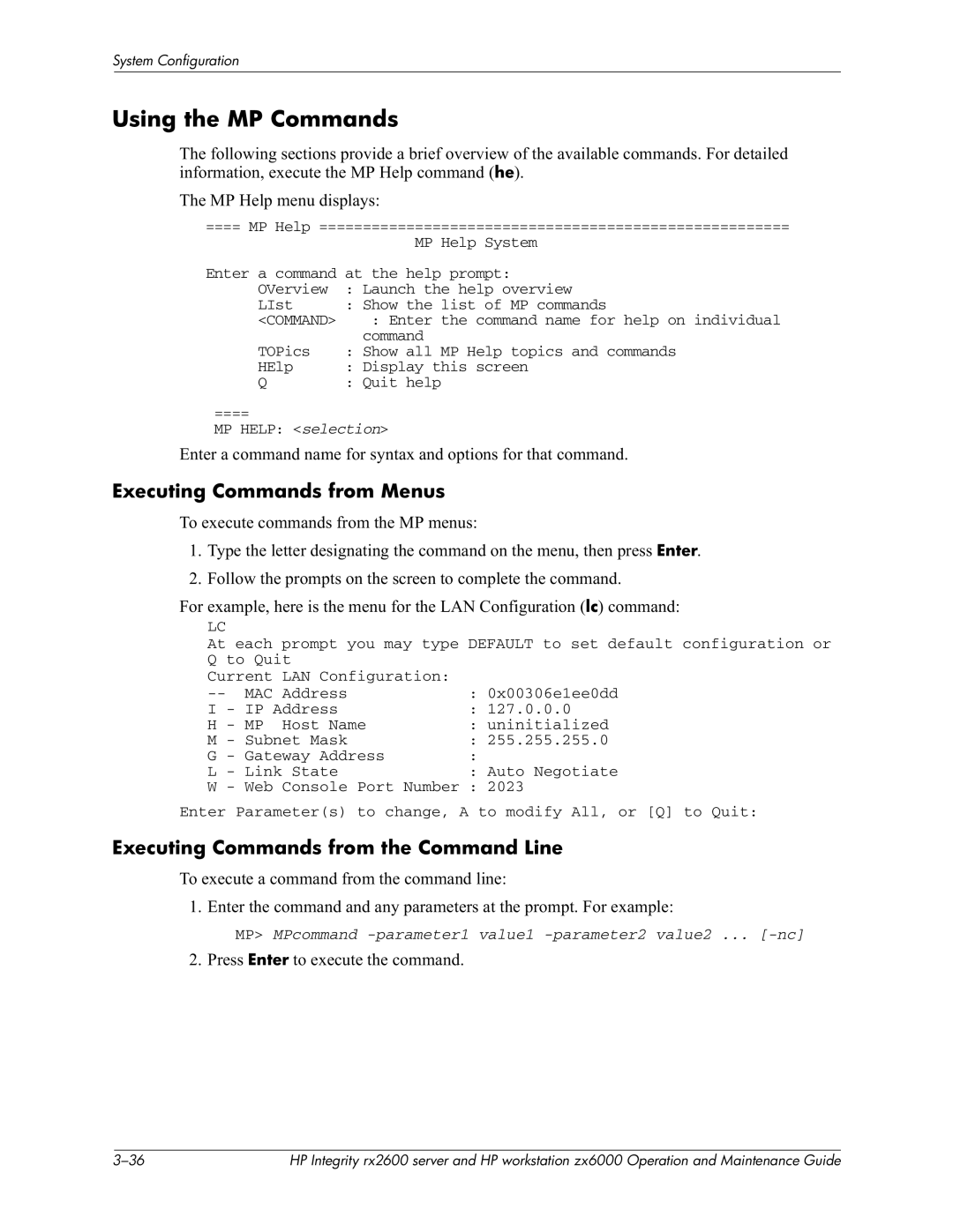 HP zx6000 manual Using the MP Commands, Executing Commands from Menus, Executing Commands from the Command Line, CheD 