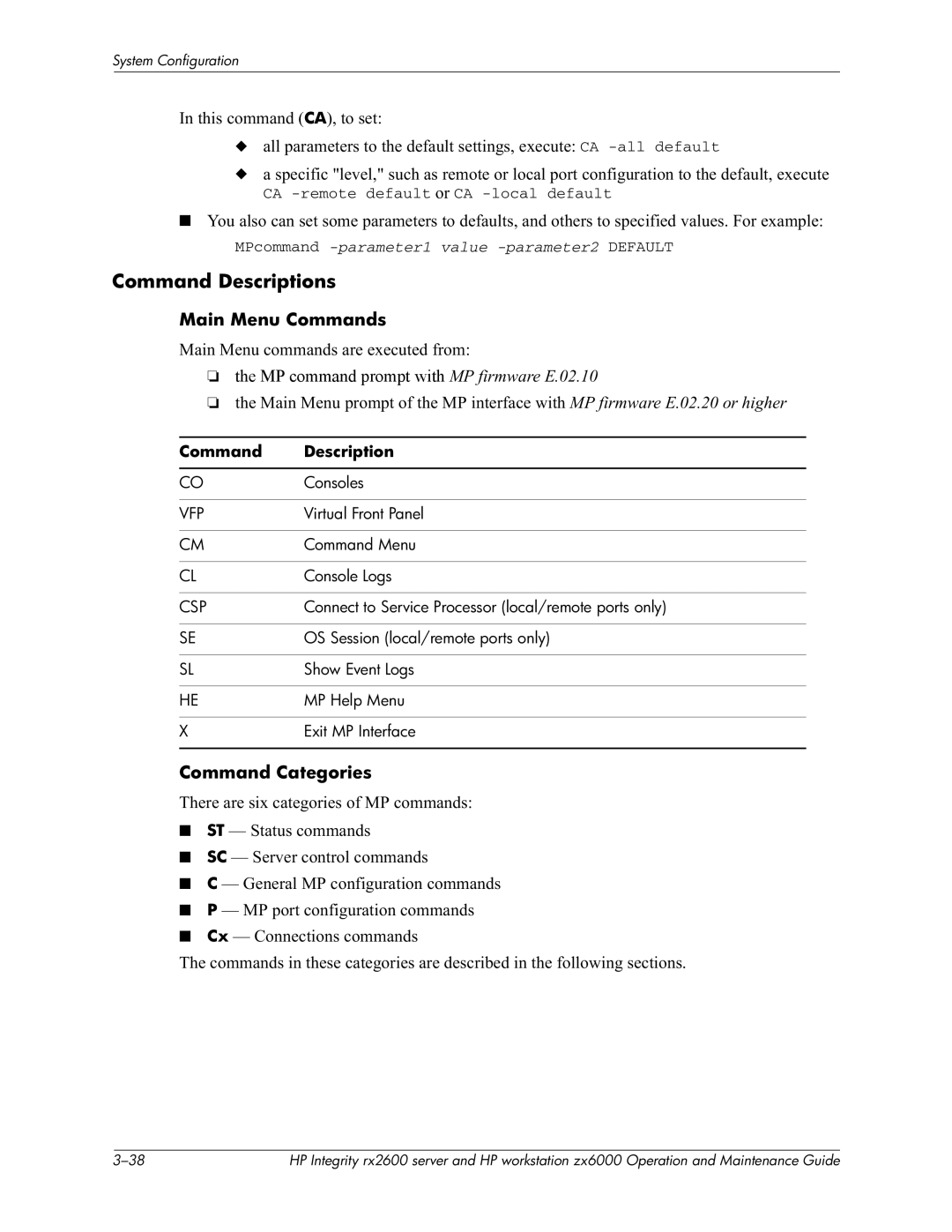 HP zx6000 manual +Ccadi, Main Menu Commands, Command Categories, STU SCU CUB% PU% CxU#, Command Description 