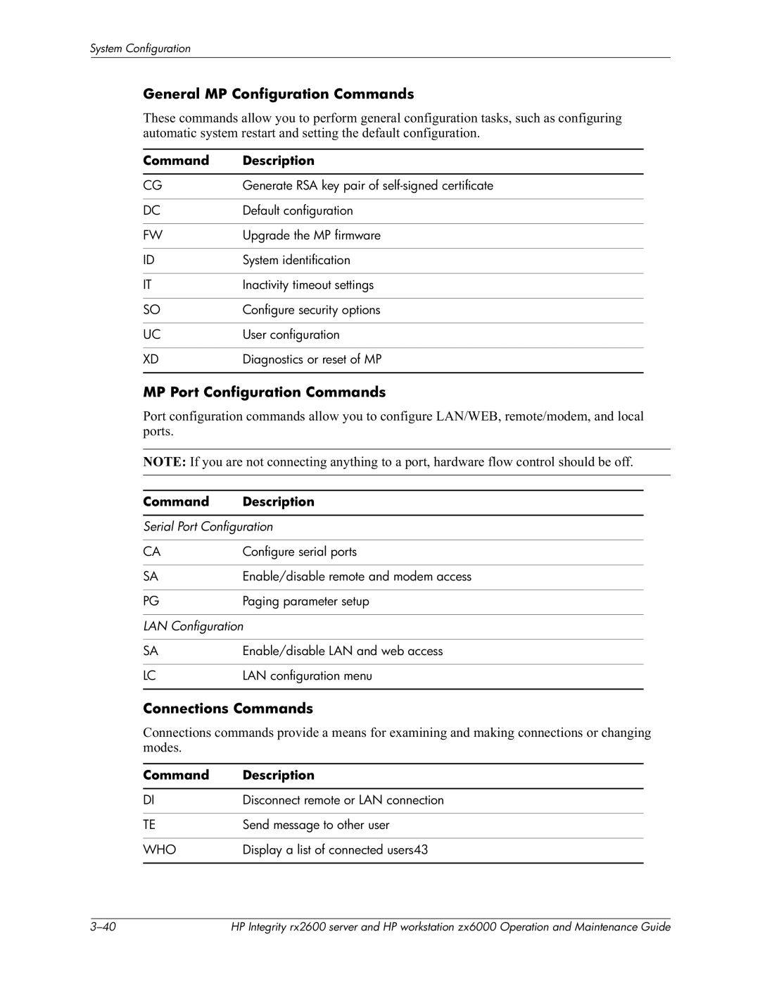 HP zx6000 manual General MP Configuration Commands, MP Port Configuration Commands, Connections Commands 