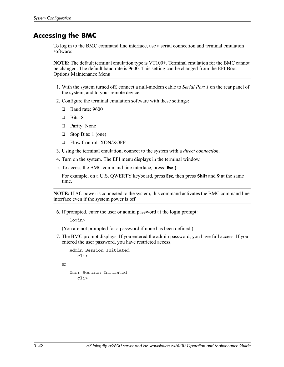 HP zx6000 manual Accessing the BMC, EIA= EI? EI9CD #I8,08 #IEsc, C6D 