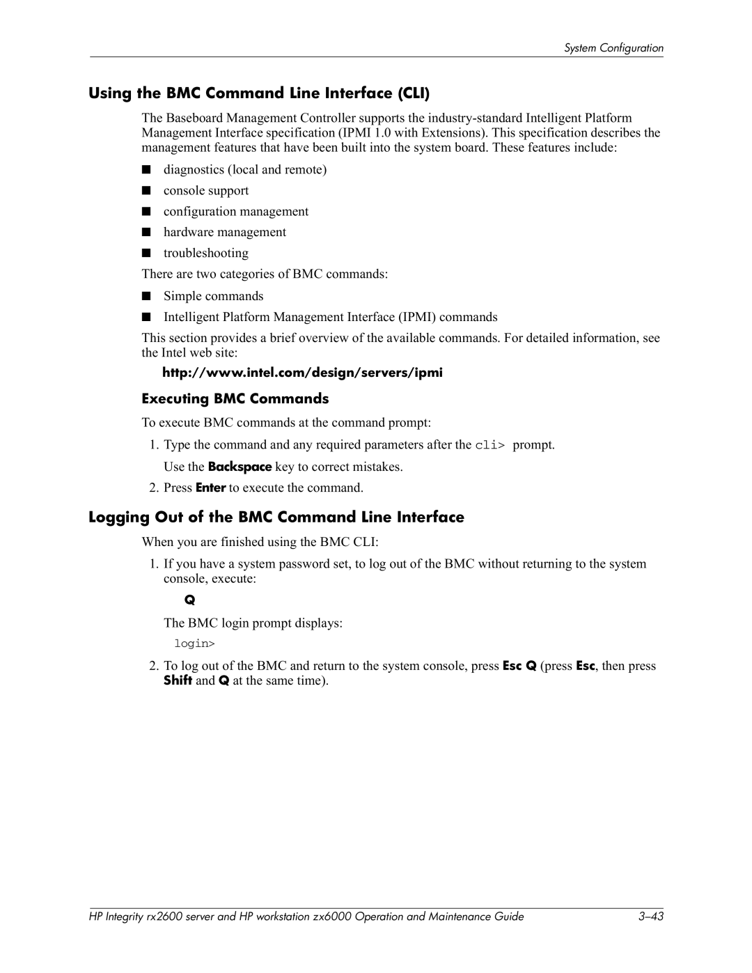 HP zx6000 Using the BMC Command Line Interface CLI, Logging Out of the BMC Command Line Interface, Executing BMC Commands 