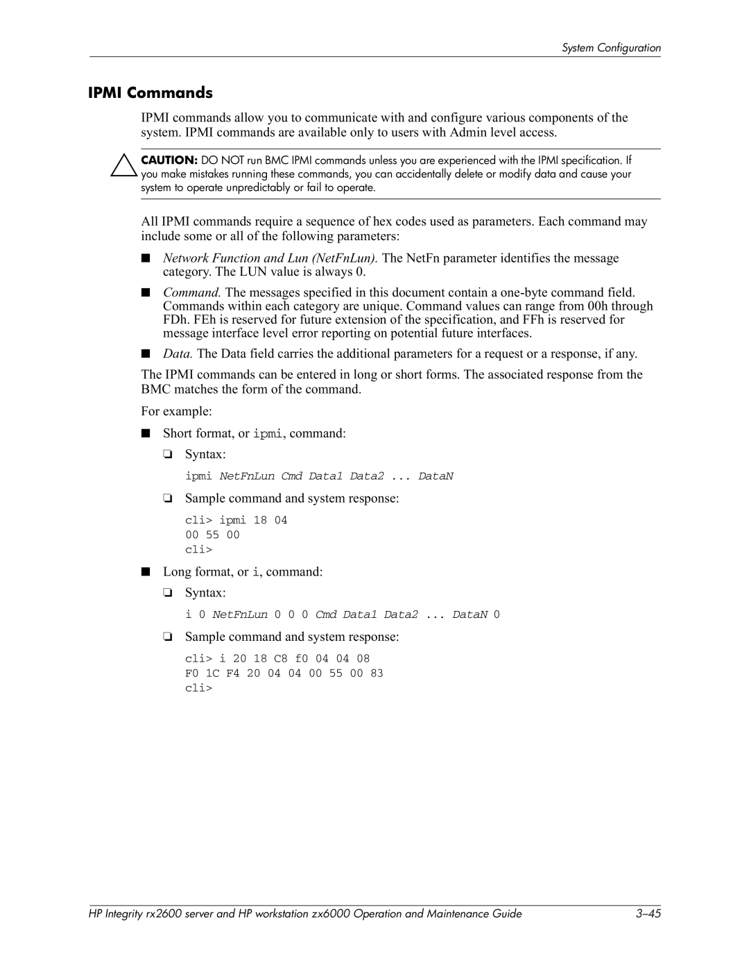 HP zx6000 manual Ipmi Commands, IpmiI, $iI 