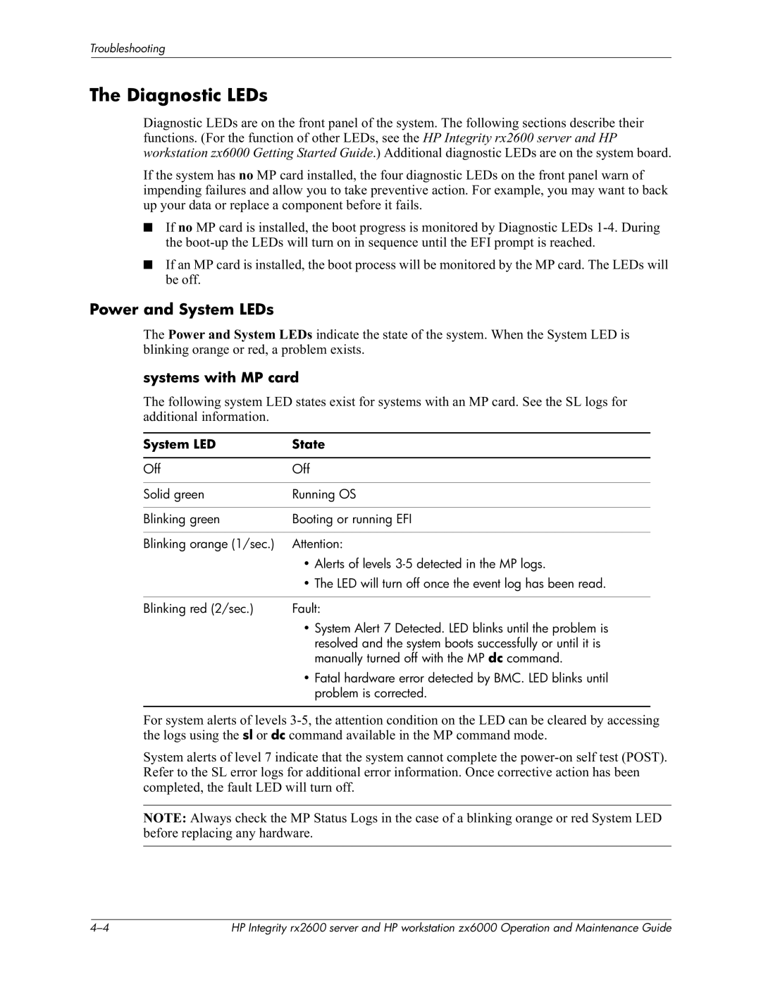 HP zx6000 manual Diagnostic LEDs, Power and System LEDs, Systems with MP card, System LED State 
