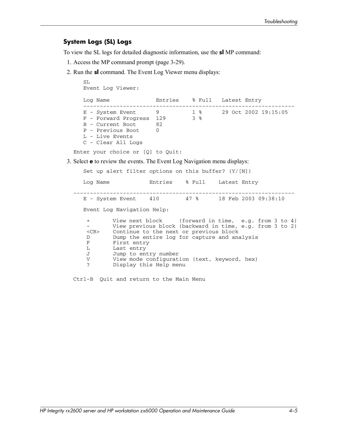 HP zx6000 manual System Logs SL Logs, CAD @ sl7$-I 