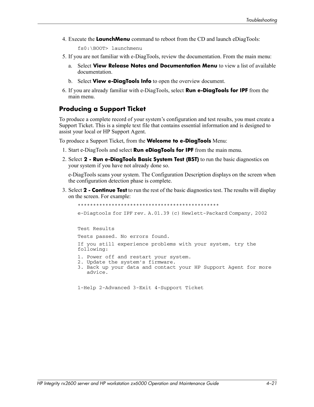 HP zx6000 manual Producing a Support Ticket, View e-DiagTools Info, Welcome to e-DiagTools%I, Run eDiagTools for IPF 