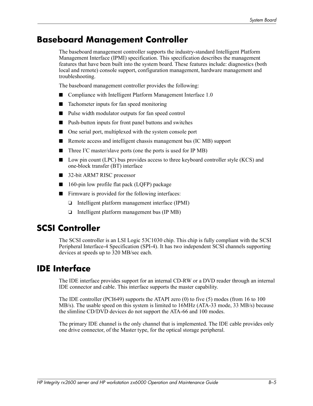 HP zx6000 manual Baseboard Management Controller, Scsi Controller, IDE Interface, Ced @%@+*# =!C$/ D +C+ %+D +C+ %Ed 