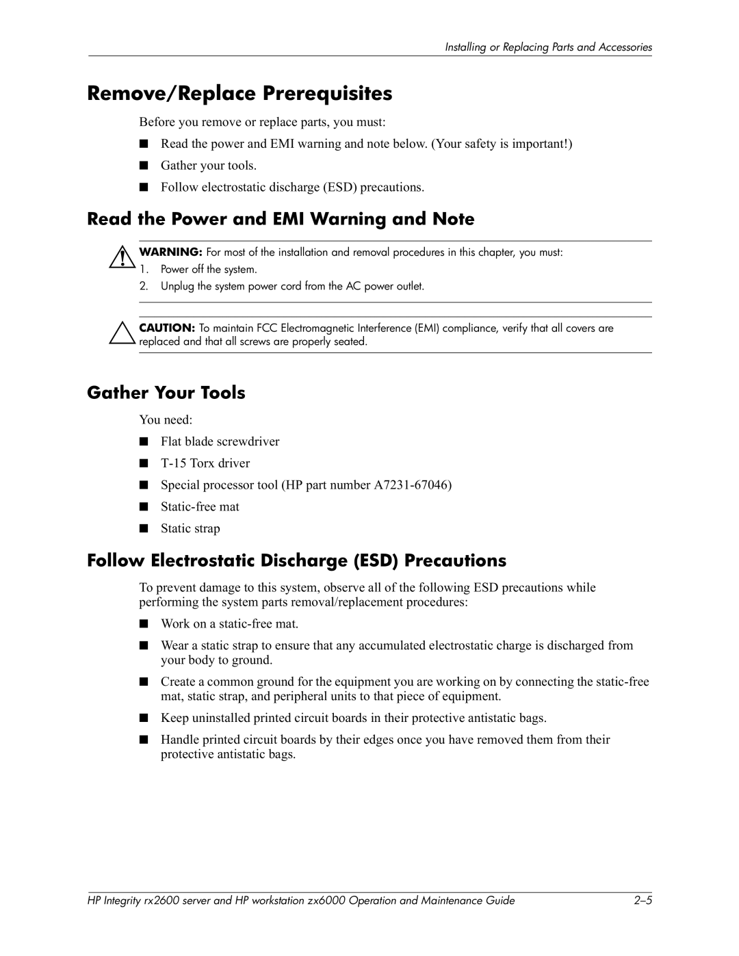 HP zx6000 manual Remove/Replace Prerequisites, Read the Power and EMI Warning and Note, Gather Your Tools 