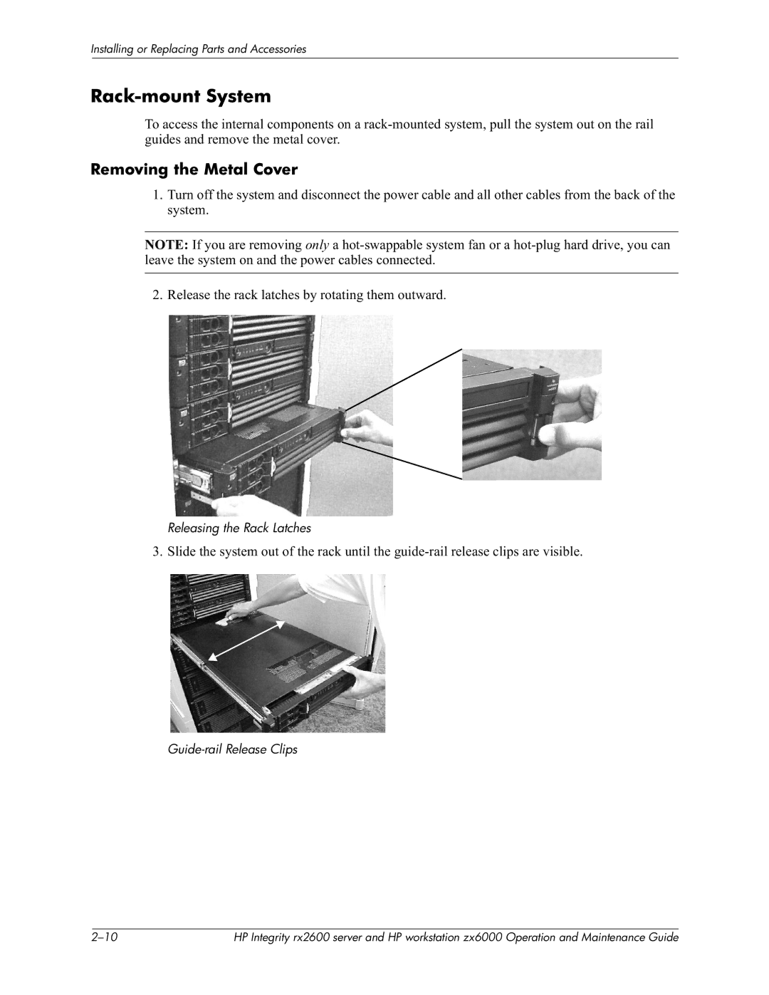 HP zx6000 manual Rack-mount System, Removing the Metal Cover, Releasing the Rack Latches Guide-rail Release Clips 