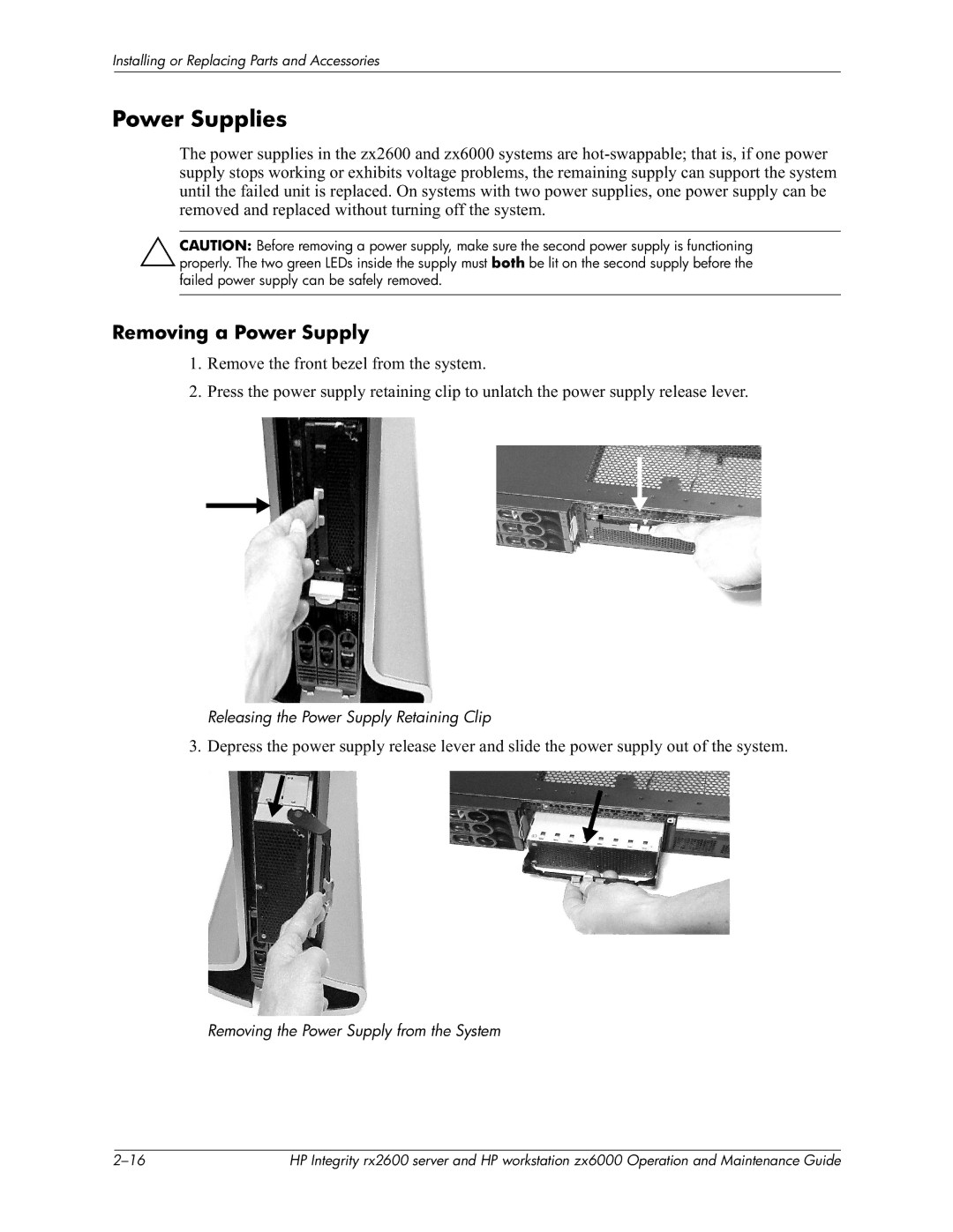 HP zx6000 manual Power Supplies, Removing a Power Supply 