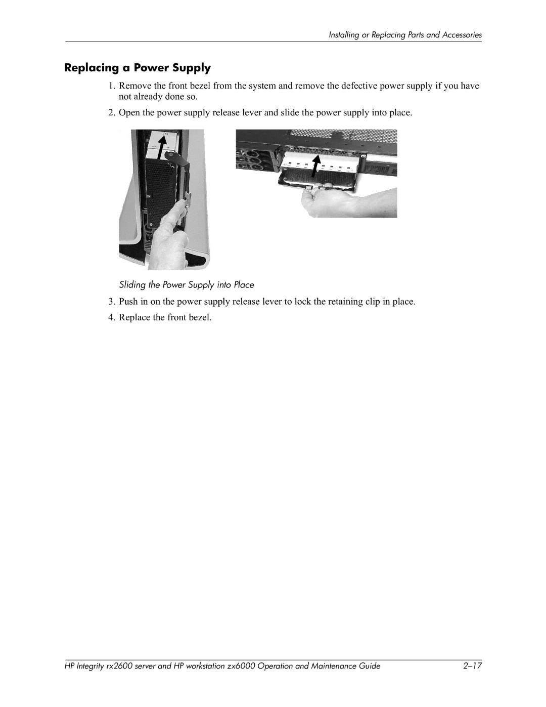 HP zx6000 manual Replacing a Power Supply, Sliding the Power Supply into Place 