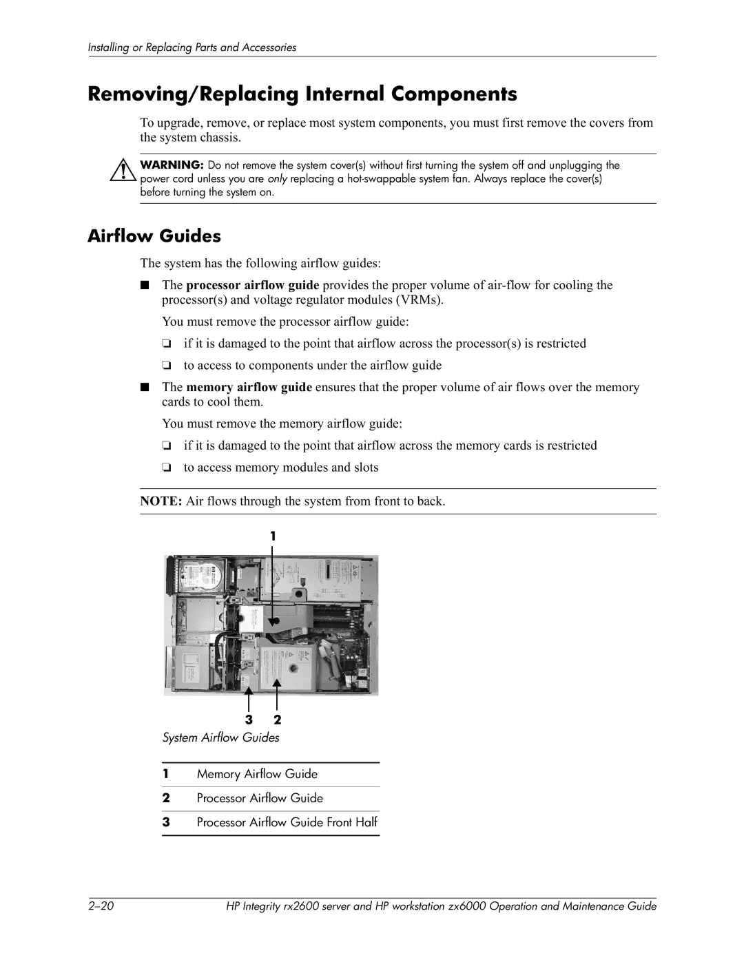 HP zx6000 manual Removing/Replacing Internal Components, System Airflow Guides 