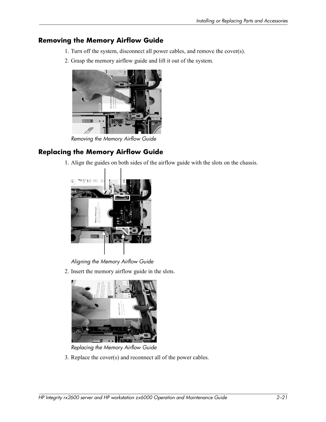 HP zx6000 manual Removing the Memory Airflow Guide, Replacing the Memory Airflow Guide, @Cd 