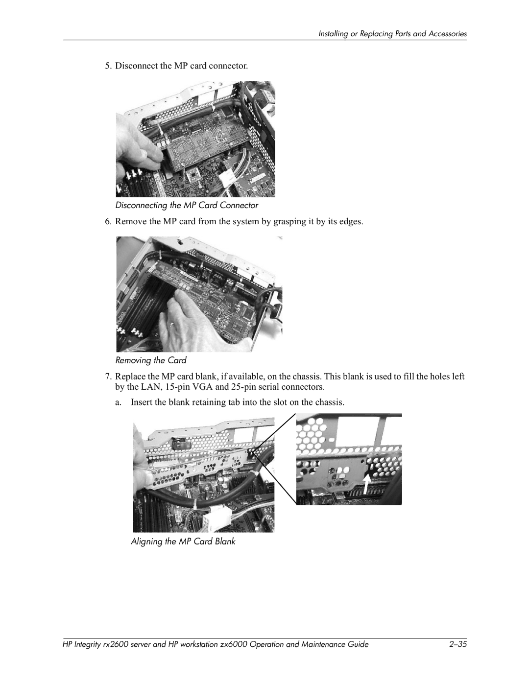 HP zx6000 manual $.,9-B, Disconnecting the MP Card Connector, Removing the Card, Aligning the MP Card Blank 