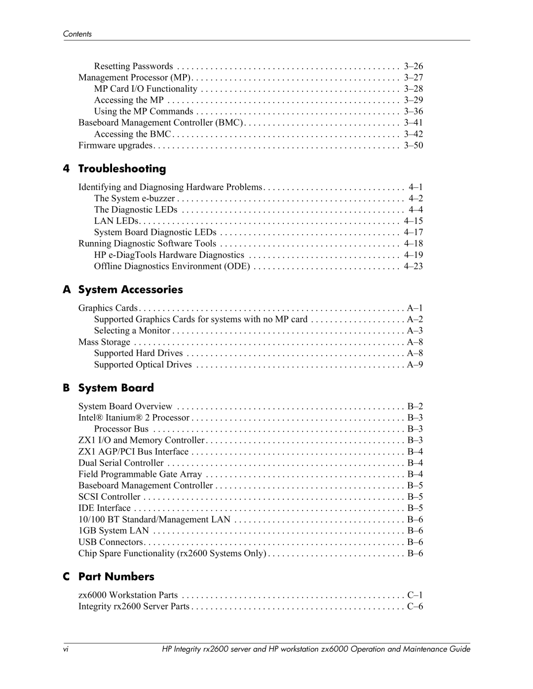 HP zx6000 manual Troubleshooting, System Accessories, System Board, Part Numbers 