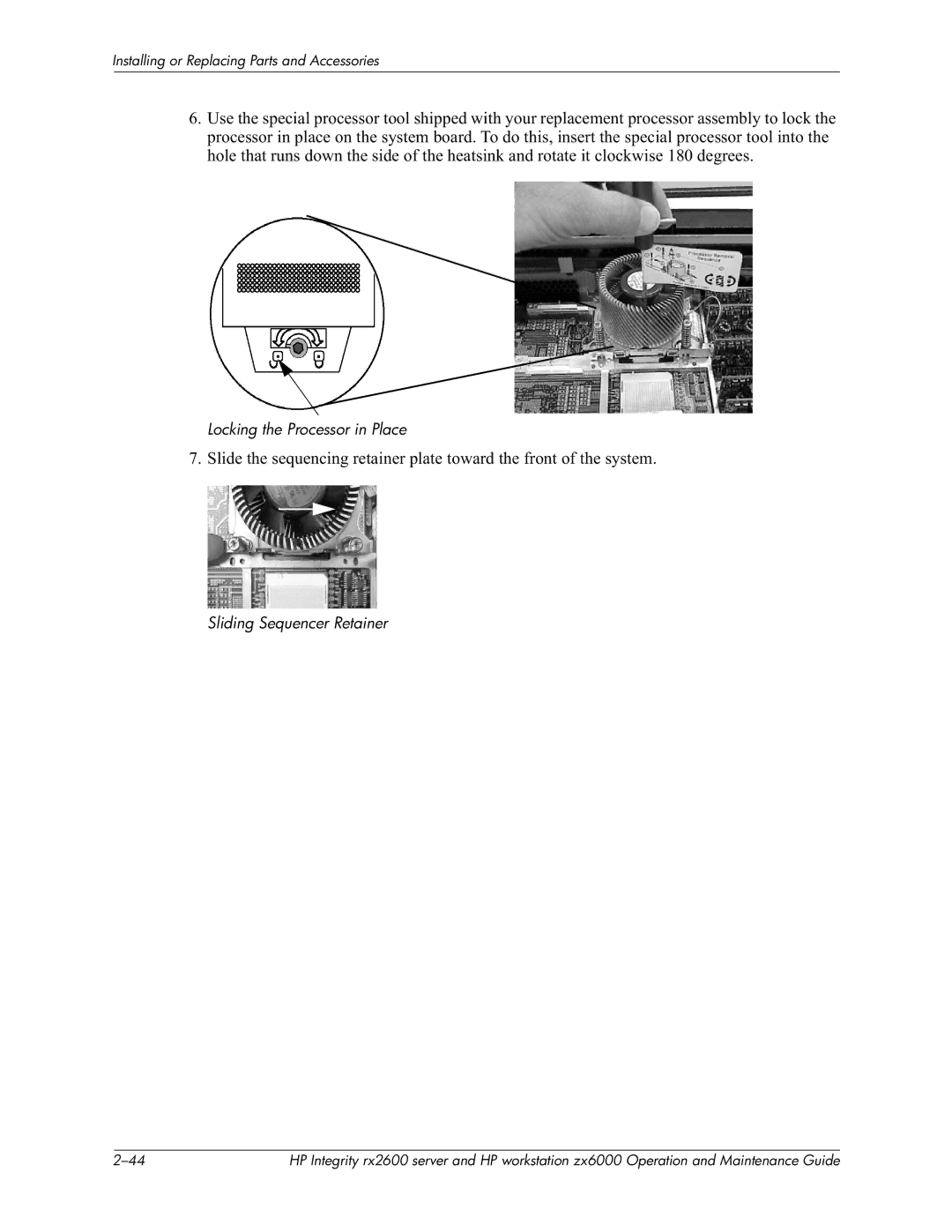 HP zx6000 manual Locking the Processor in Place Sliding Sequencer Retainer 