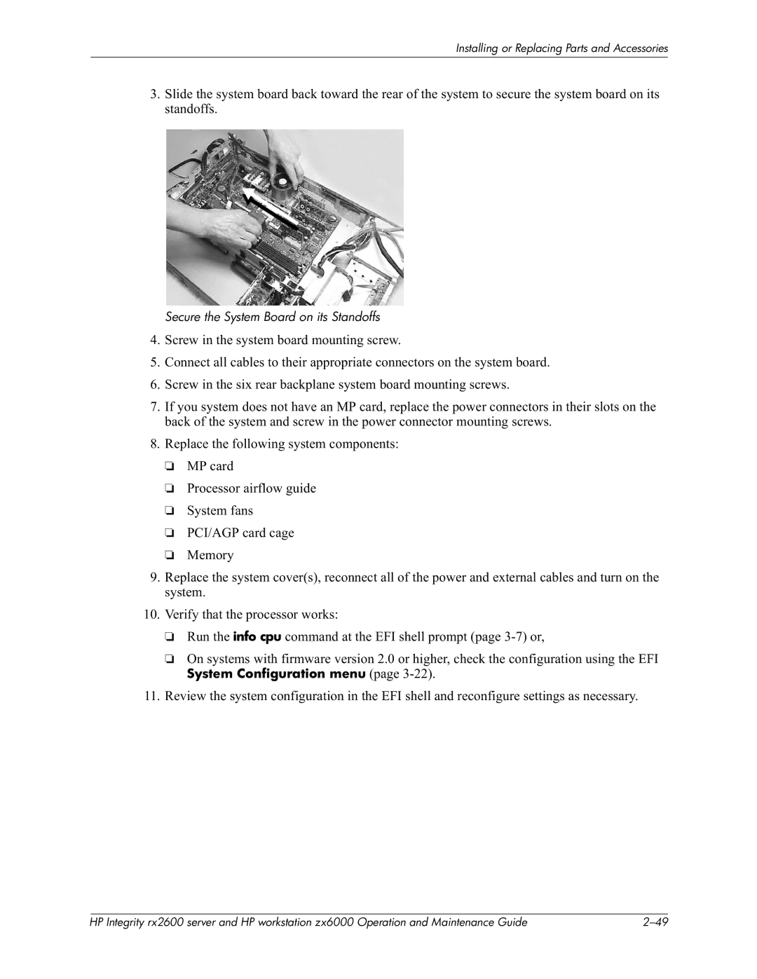 HP zx6000 manual ? @I #+0.B, Secure the System Board on its Standoffs, = *5 