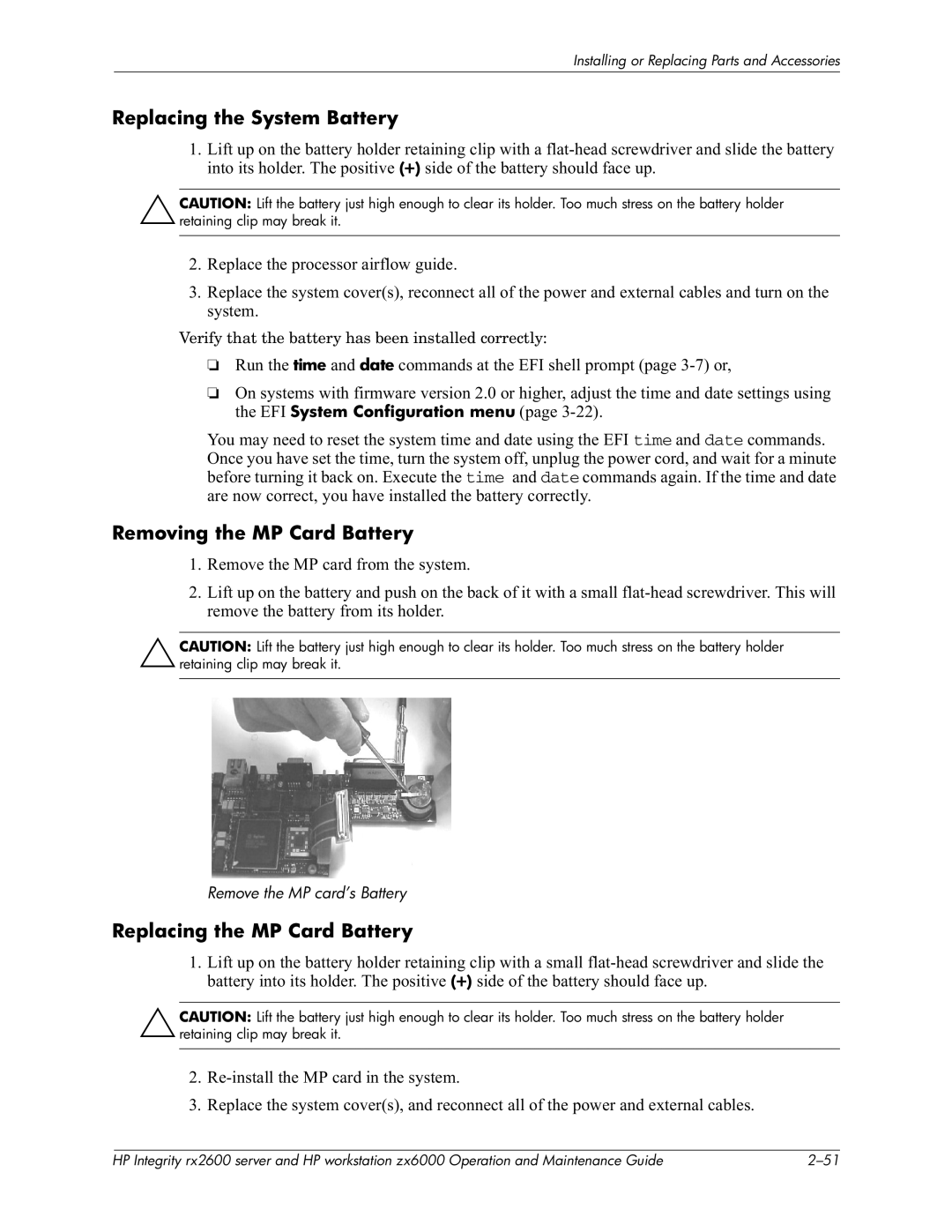 HP zx6000 manual Replacing the System Battery, Removing the MP Card Battery, Replacing the MP Card Battery 