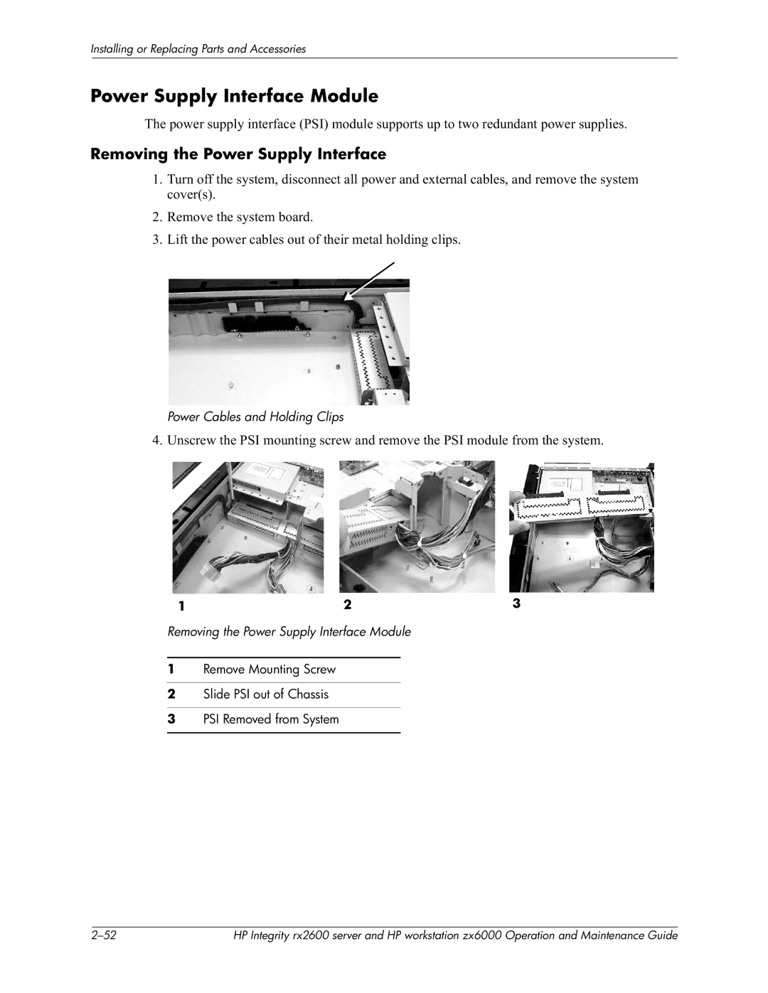 HP zx6000 manual Power Supply Interface Module, Removing the Power Supply Interface, Power Cables and Holding Clips 