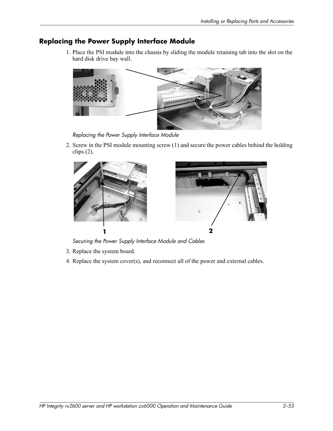 HP zx6000 manual Replacing the Power Supply Interface Module, Securing the Power Supply Interface Module and Cables 