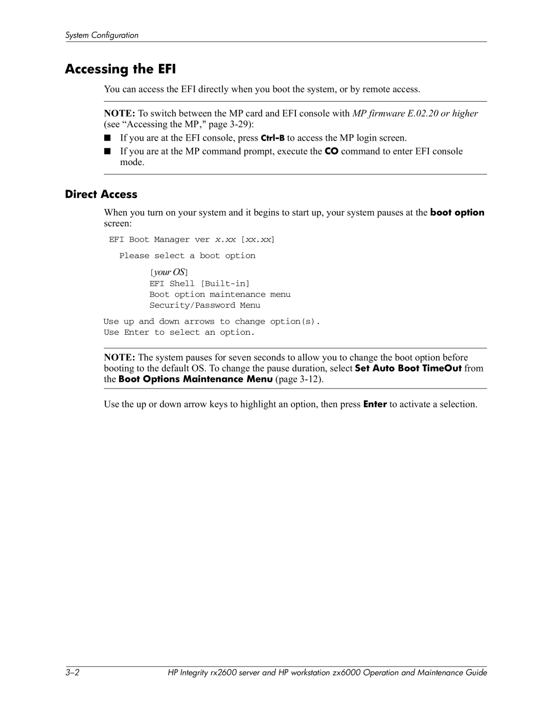 HP zx6000 manual Accessing the EFI, Direct Access, Boot Options Maintenance MenuC9D 