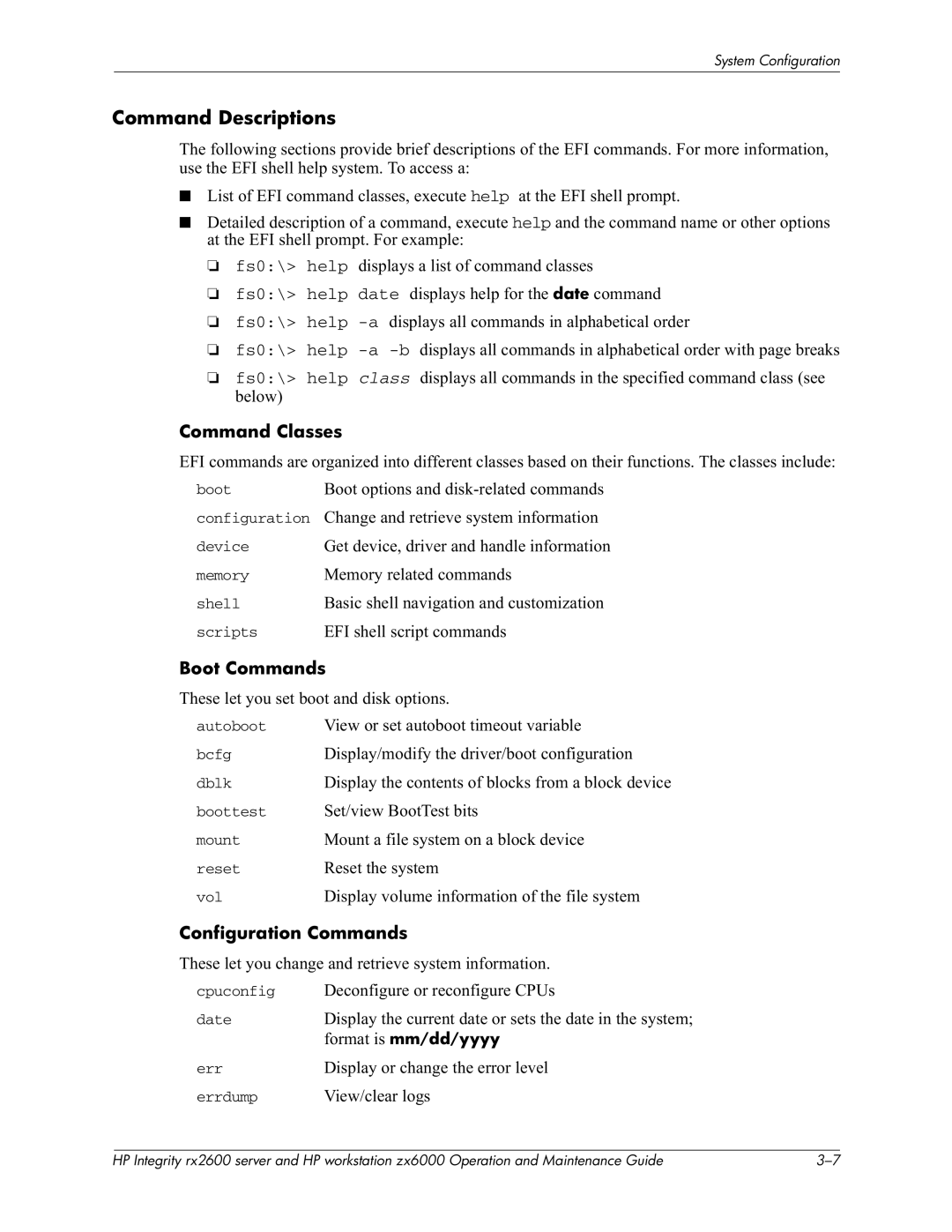 HP zx6000 manual Command Descriptions, Command Classes, Boot Commands, Configuration Commands 