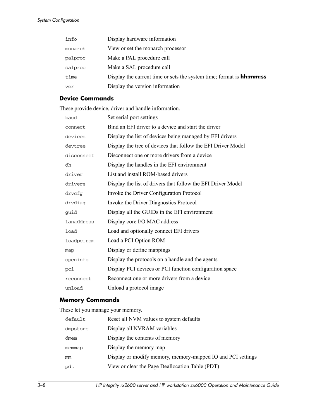 HP zx6000 manual Device Commands, Memory Commands 