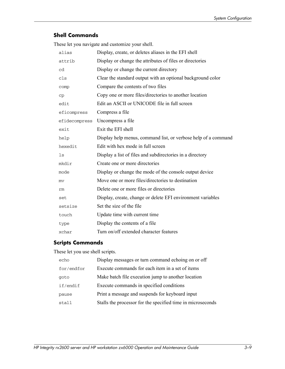 HP zx6000 manual Shell Commands, 757+, Scripts Commands, Echo For/endfor Goto %!54 If/endif Pause, Stall 