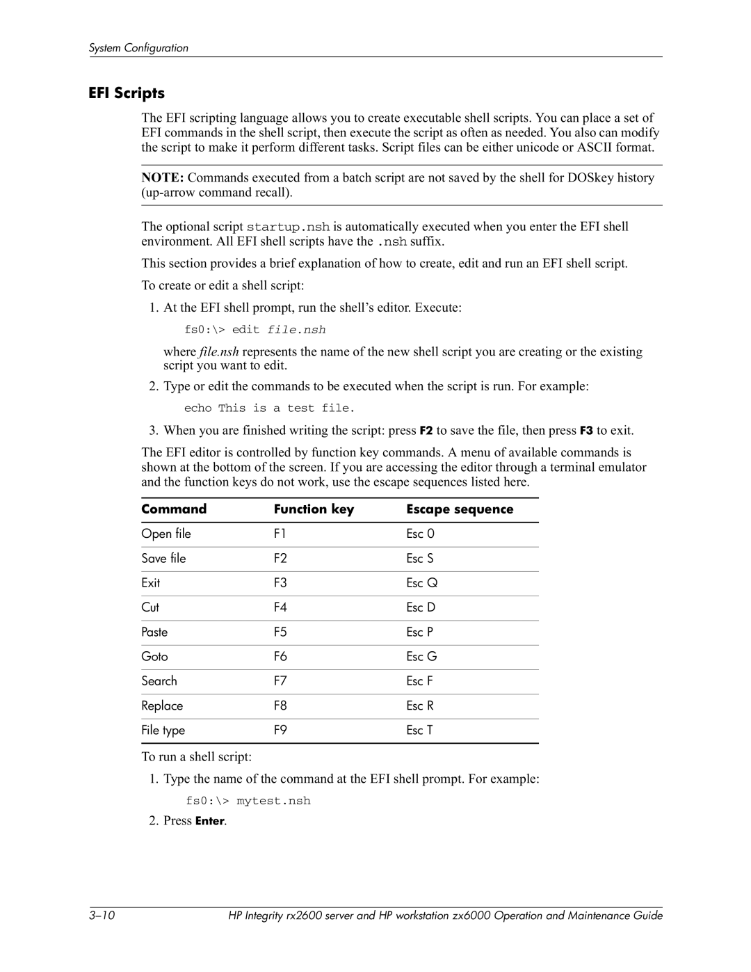 HP zx6000 manual EFI Scripts, +.nsh5, +N75I, Command Function key Escape sequence 