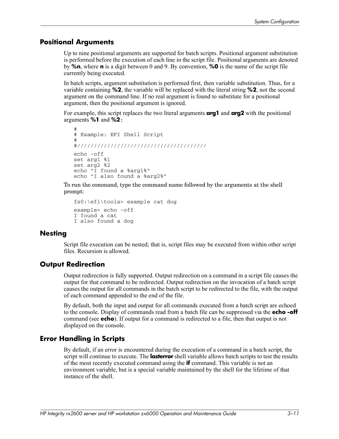 HP zx6000 manual Positional Arguments, Nesting, Output Redirection, Error Handling in Scripts 