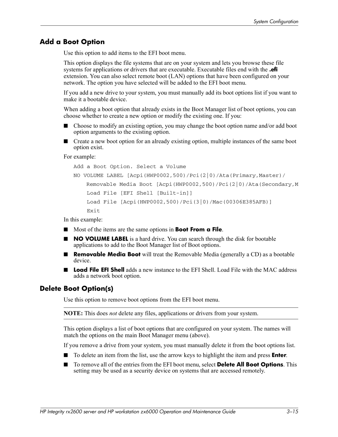 HP zx6000 manual Add a Boot Option, Delete Boot Options, +5I Boot From a File 