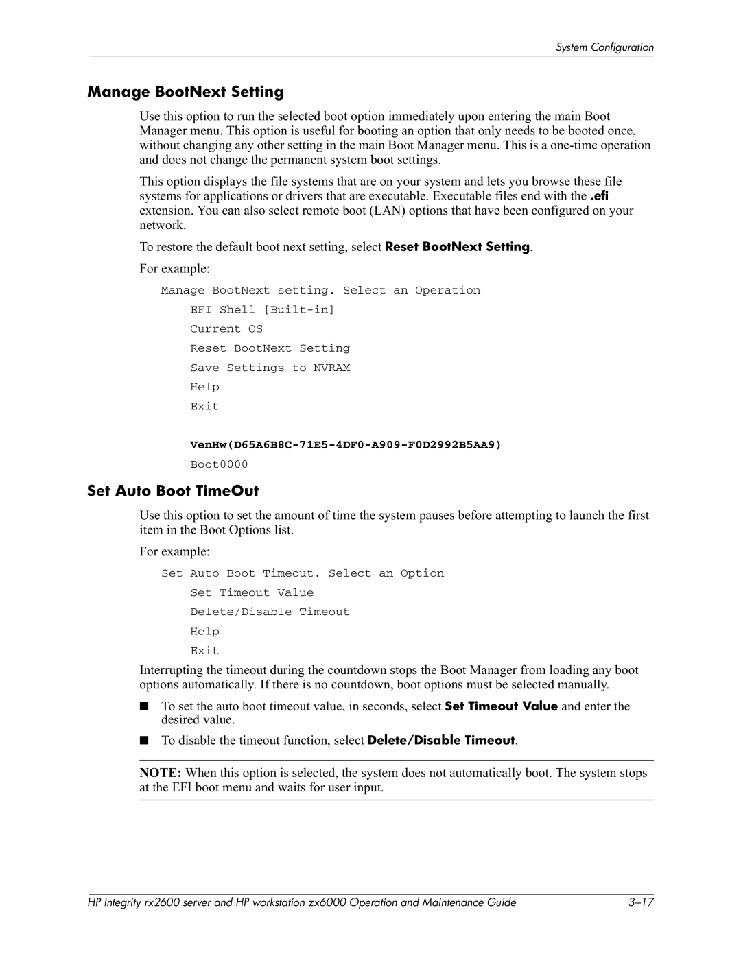 HP zx6000 manual Manage BootNext Setting, Set Auto Boot TimeOut, Delete/Disable Timeout, 5Reset BootNext Setting 