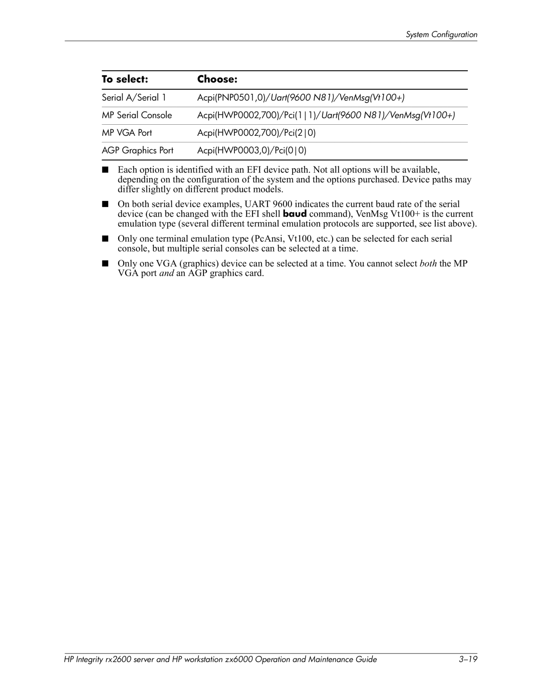 HP zx6000 manual To select Choose, Serial A/Serial, AcpiPNP0501,0/Uart9600 N81/VenMsgVt100+, MP Serial Console 