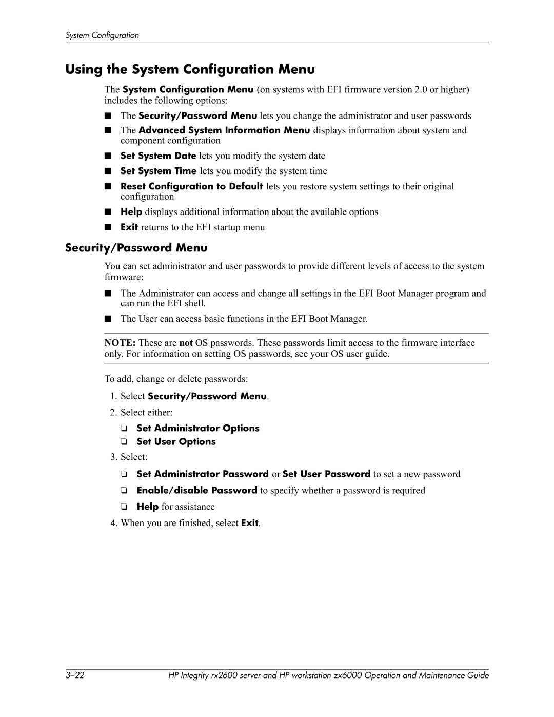 HP zx6000 Using the System Configuration Menu, Security/Password Menu, Set System Date Set System Time, Exit 7+, Help Exit 