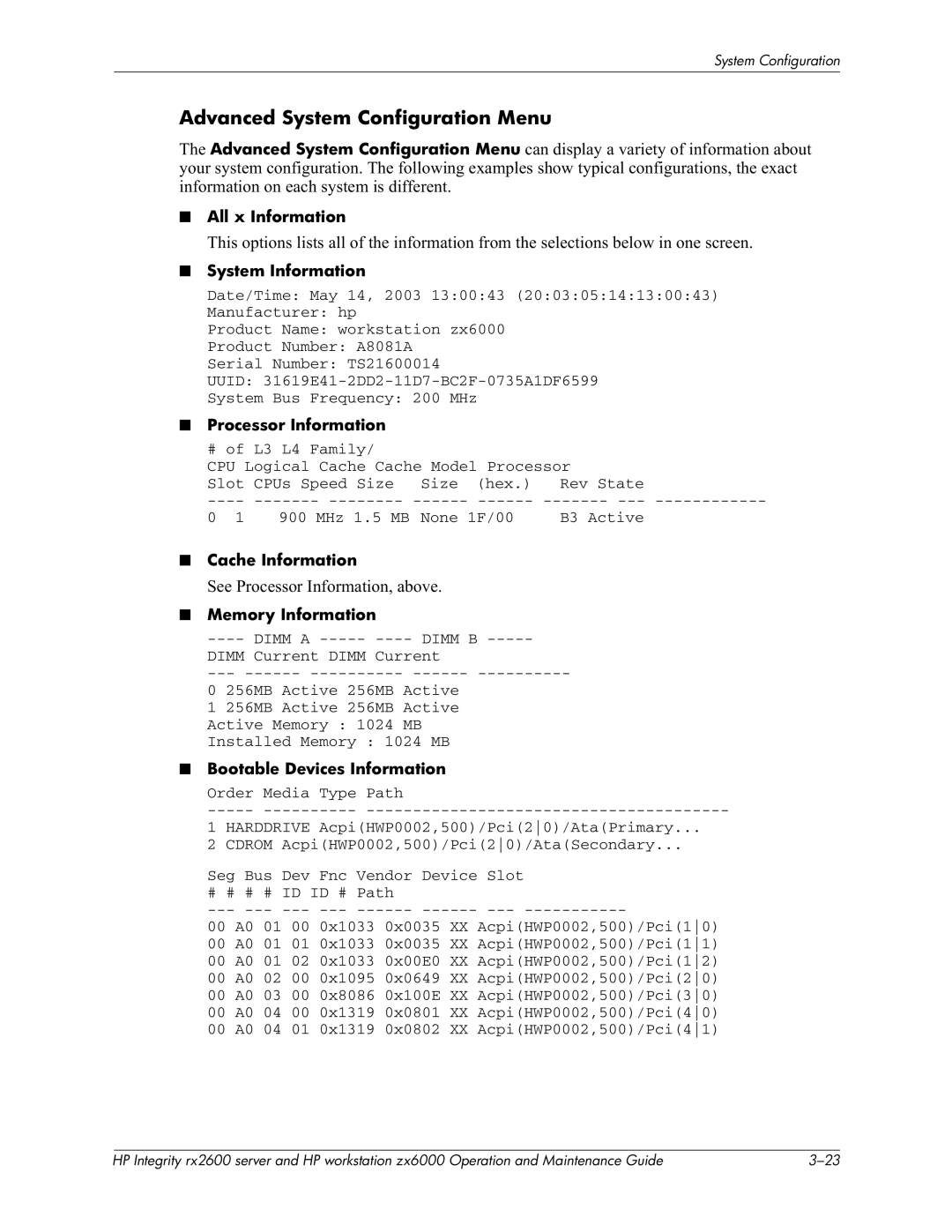 HP zx6000 manual Advanced System Configuration Menu, All x Information System Information, Processor Information 