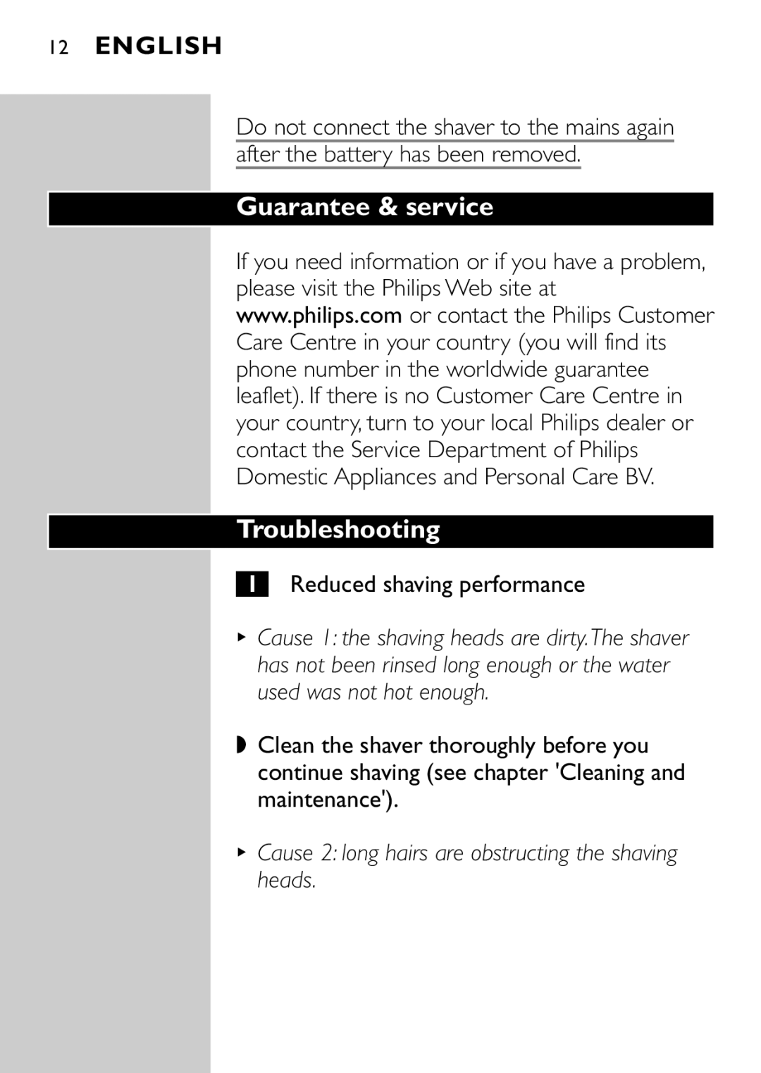 HQ 663, 662 manual Guarantee & service Troubleshooting, Reduced shaving performance 