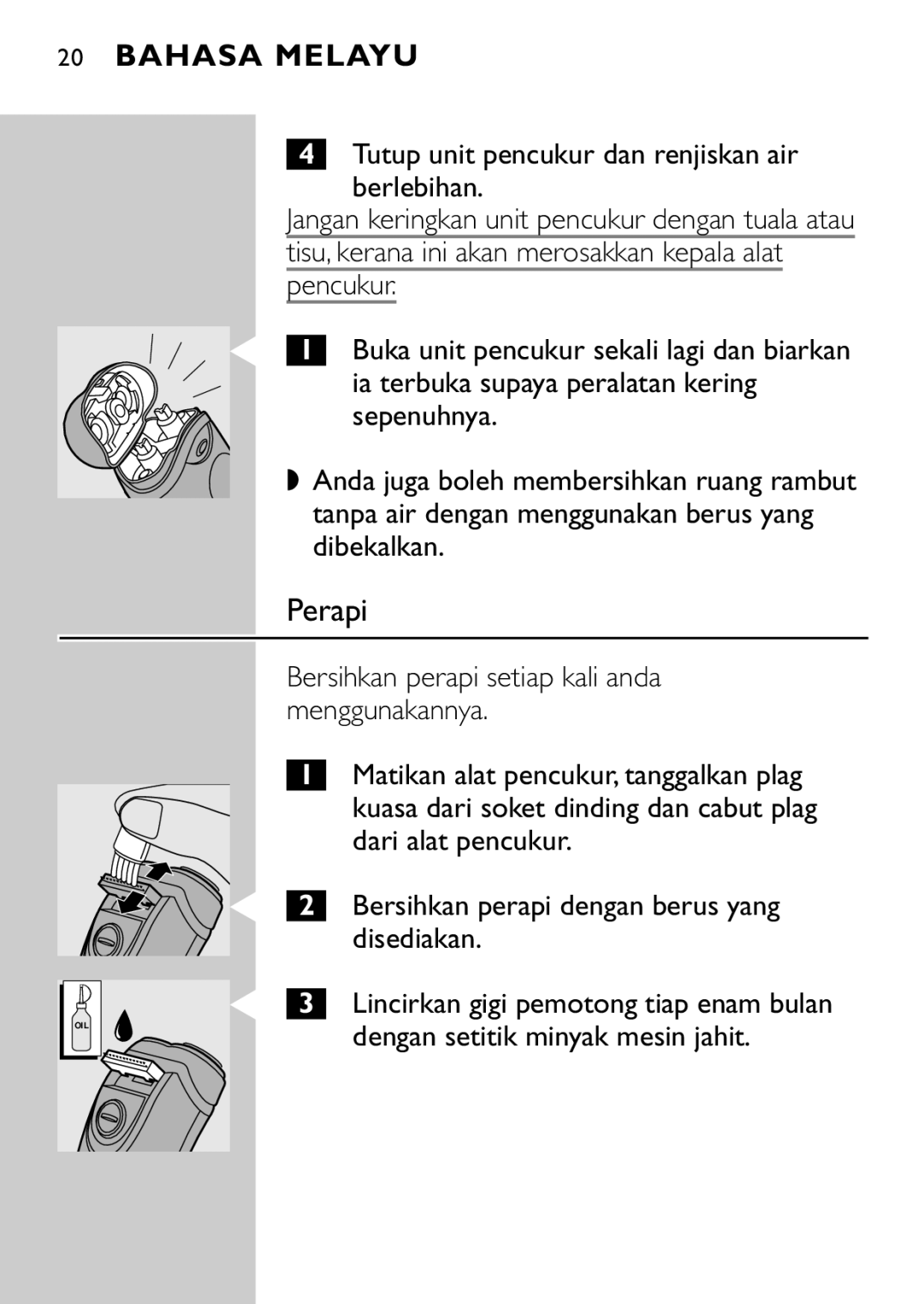 HQ 663, 662 manual Perapi, Tutup unit pencukur dan renjiskan air Berlebihan 