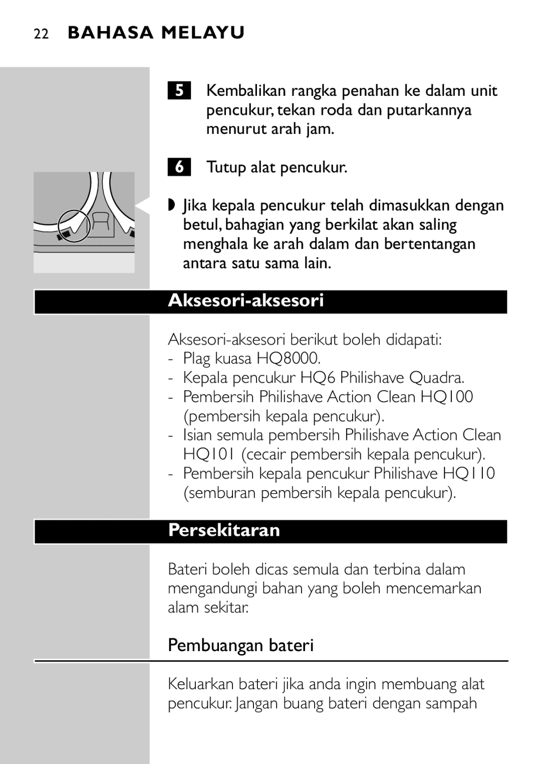 HQ 663, 662 manual Aksesori-aksesori, Persekitaran, Pembuangan bateri 